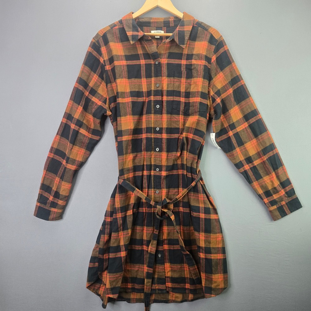 Goodthreads Flannel Shirt Dress XXL Orange Navy Plaid Belted Button Up NEW